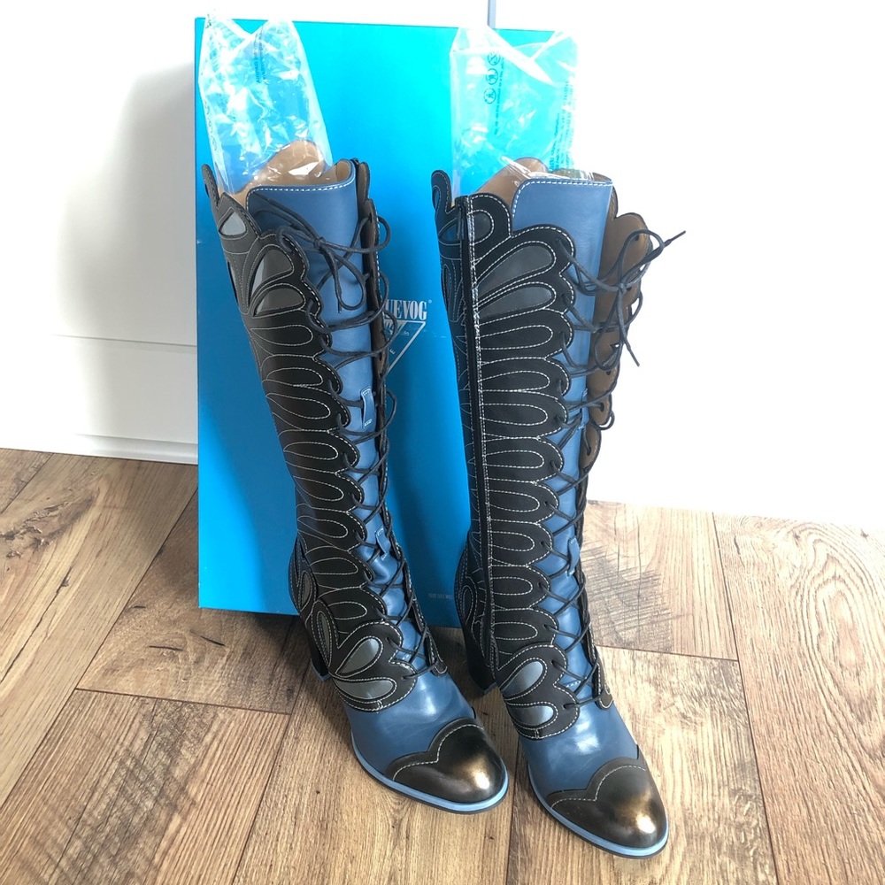 Fluevog Attic Elita Boots in Black/Blue